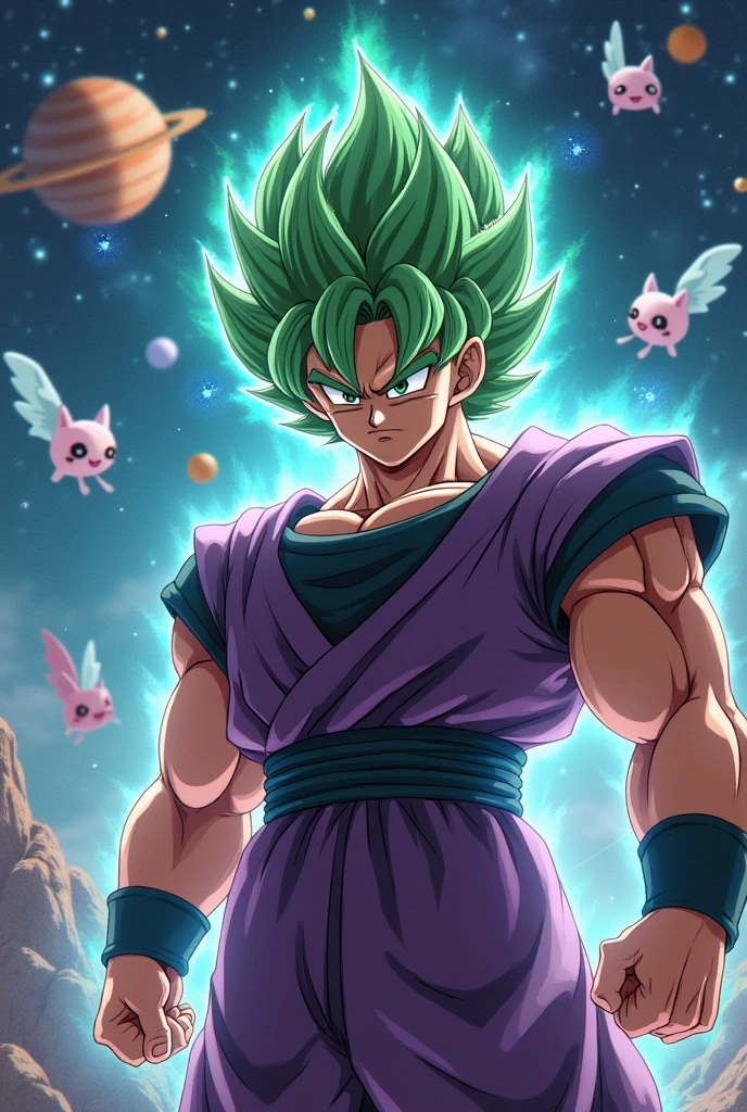 Create a picture of the character Broly from dragonball, he is said to have green hair.the character should look real. The background should be a universe with planets, these should be in anime style. In addition to the planets. Mew and mewto from pokemon fly. The image should have a calming and mysterious effect