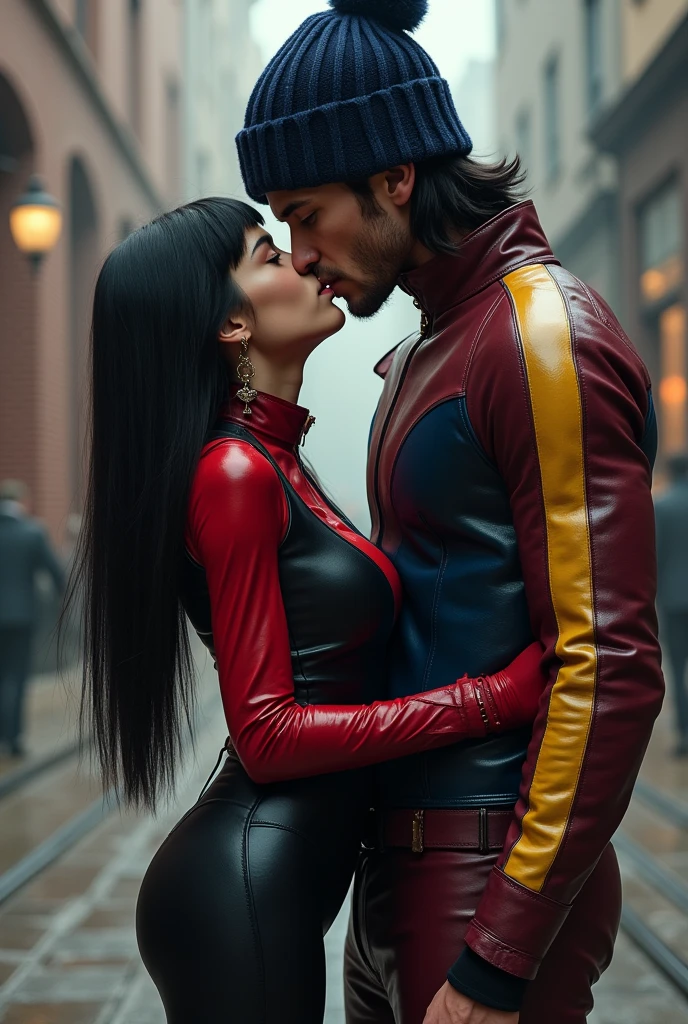Create an image where a short, slim girl with wide hips dressed in a black and red leather jumpsuit has black straight hair down to her shoulders, is kissing a boy who is wearing a winter hat without a pompom, is much taller and muscular, dressed in a leather outfit in burgundy, blue and yellow, the guy is without facial hair and the hat should be dark blue and his hair should reach his chest