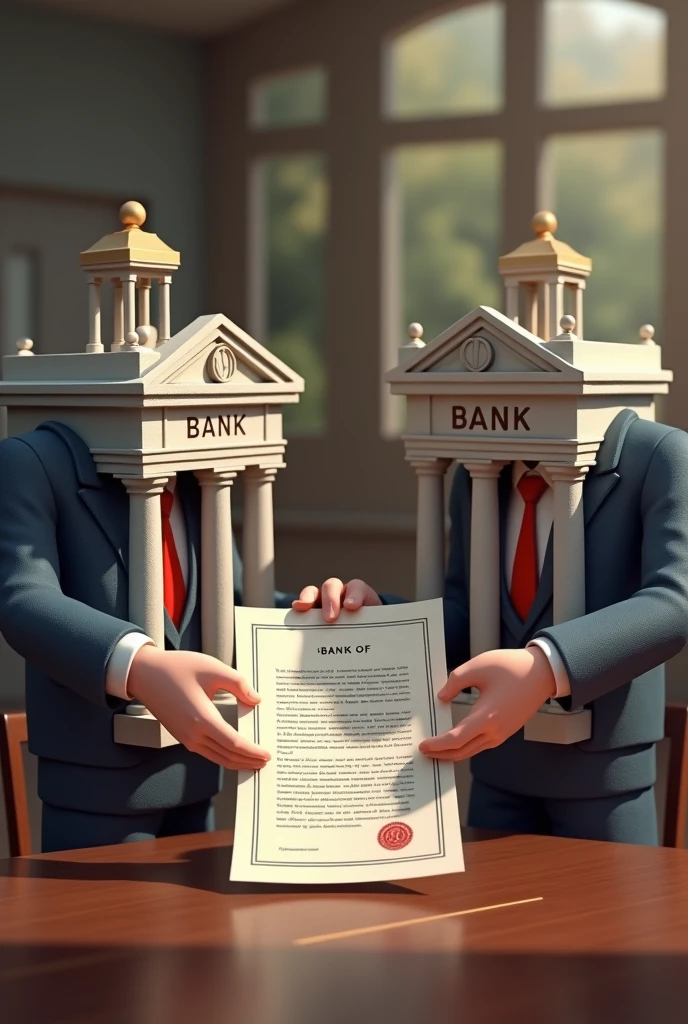 Drawing d3 Two banks exchanging a document with their stamps, symbolizing the endorsement between them.