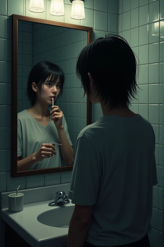 In bathroom brushing teeth as i look at myself in mirror tearing a bit