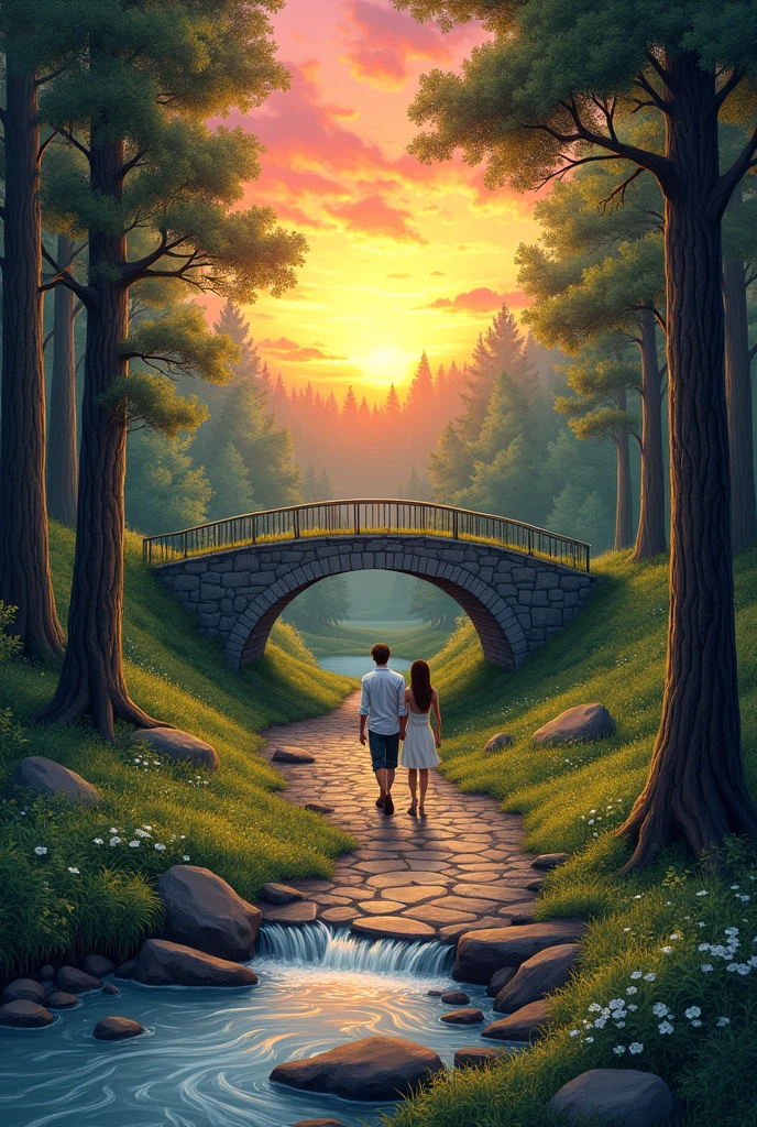Make a landscape in a forest, There must be trees and a path, a bridge and there must be stones and water, and a sunset with beautiful colors, There must be a couple, It&#39;s a drawing 