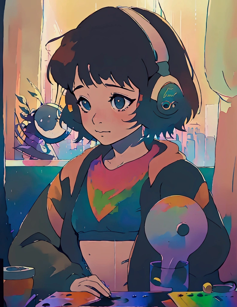 European Hippie Girl Meditating in Her Room, dreaming, Wear headphones, night lights, Neon landscape on a rainy day, analog color theme, Hip Hop Lo-Fi , retrospective, flat ass, 2.5D ,Draw a line, ink draw, Grande declive, Watercolor painting, Cores Goosch, studio ghibli style, Impressively colorful, External ton, Krautrock, Lofi Style, 70s style,old texture, amplitude,psychedelic vibe, work of art, Tremendous technology,