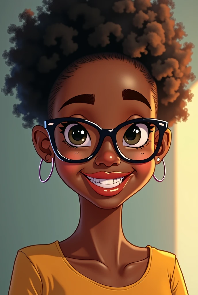  of a short black woman of a thin black woman, fine nose, wide smile, with glasses

