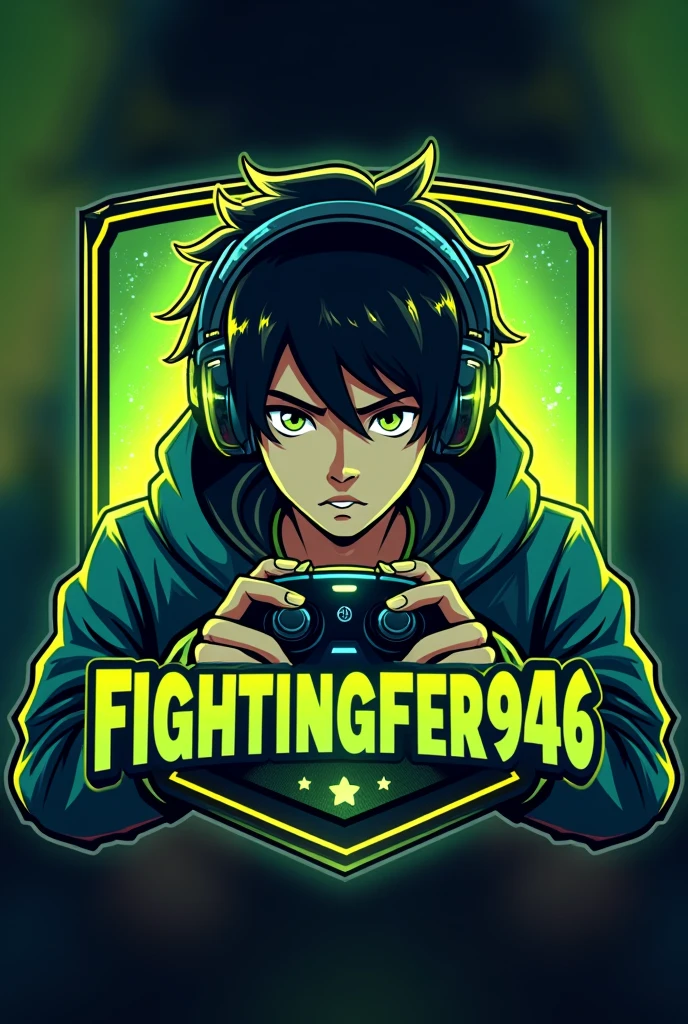 This is a gaming logo that features the name "@fightingfier946" in a futuristic font and a neon Golden green. and Boy Anime avtar, The logo also has a stylized controller icon. The logo is designed to be attractive and eye-catching, and to appeal to gaming enthusiasts and