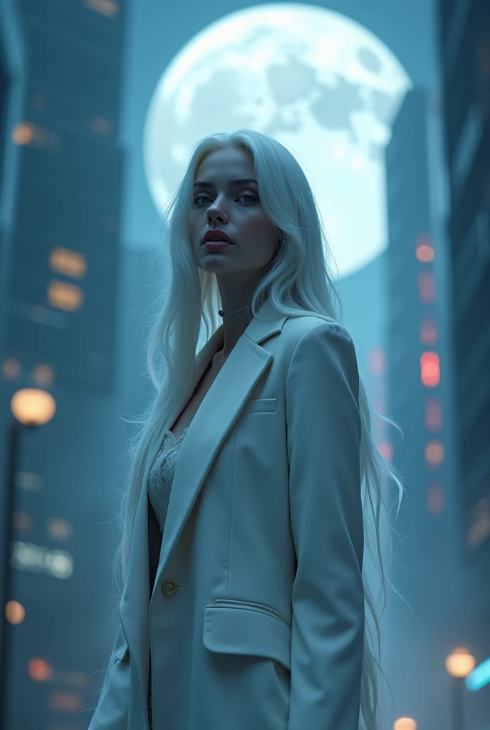 masterpiece, highest quality, (solo focus), (perfect face:1.1), (high detail:1.1),dramatic, 1guy, (pale skin), long white hair, white eyes, solo, long hair, moon, night, white luxury suit, covered navel, pouty lips, covered, futuristic city, detailed background, art by artgerm and greg rutkowski, cinematic lighting,