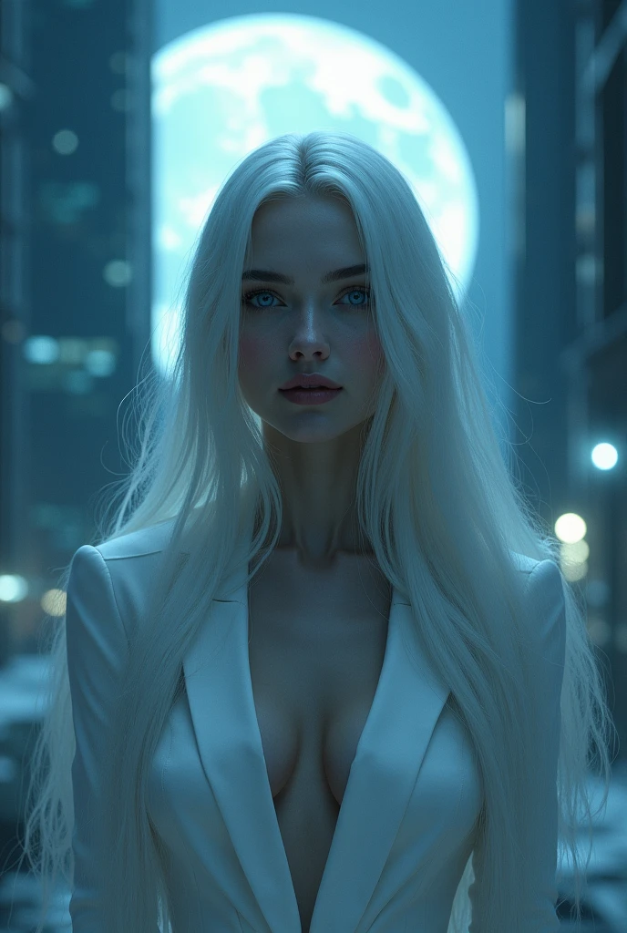 masterpiece, highest quality, (solo focus), (perfect face:1.1), (high detail:1.1),dramatic, 1guy, (pale skin), long white hair, white eyes, solo, long hair, moon, night, white luxury suit, covered navel, pouty lips, covered, futuristic city, detailed background, art by artgerm and greg rutkowski,  cinematic lighting,