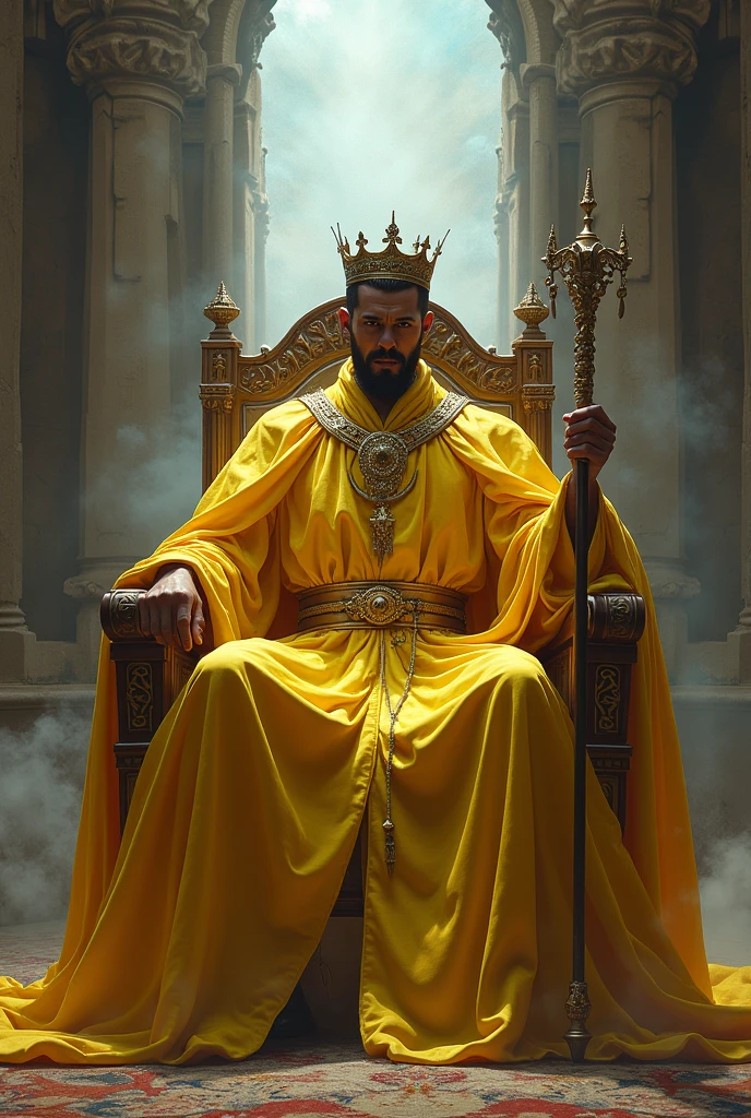 a man dressed as a sorcerer, with a long yellow robe, no beard, short black hair, with a setro in his hand, with his crown on his head, perched on a beautiful throne, behind him he has an open portal to another dimension.