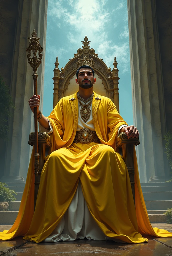 a man dressed as a sorcerer, with a long yellow robe, no beard, short black hair, with a setro in his hand, with his crown on his head, perched on a beautiful throne, behind him he has an open portal to another dimension.