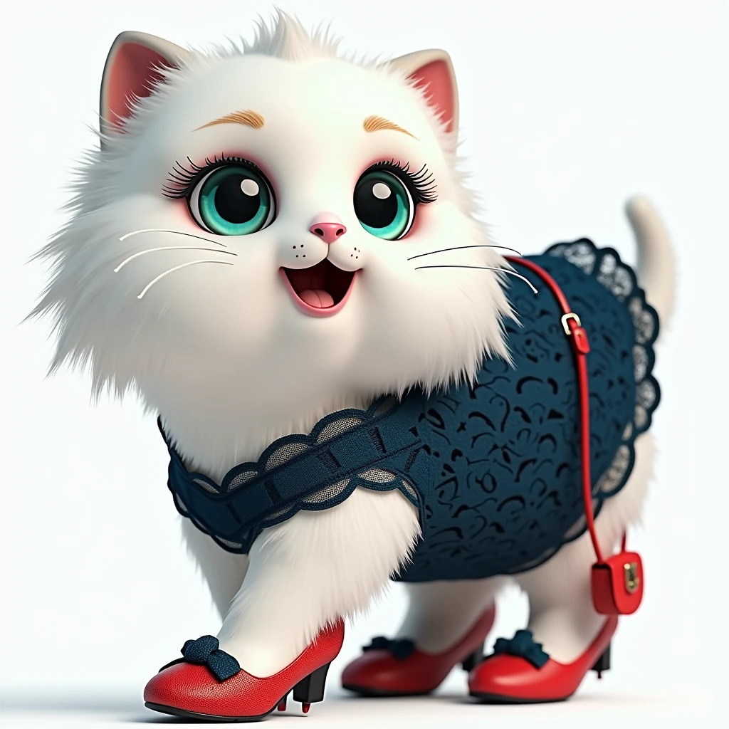 plush very fluffy cat, White wool, like a stoat, Stands on its hind legs, in a dark blue lace dress,blue shoes, red bag, blue doll eyes with big eyelashes, smiles with open mouth, speaks, moves his paws, spreading out the sides, 3D стиль, 8k , 4K, HD, clean background, style, I guess,  