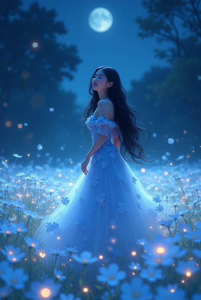woman standing looking back in the middle of white plumeria field during the night, fireflies, beautiful anime, long black wavy hair, here blue dress made out of flowers, looking up, light smile, close eyes