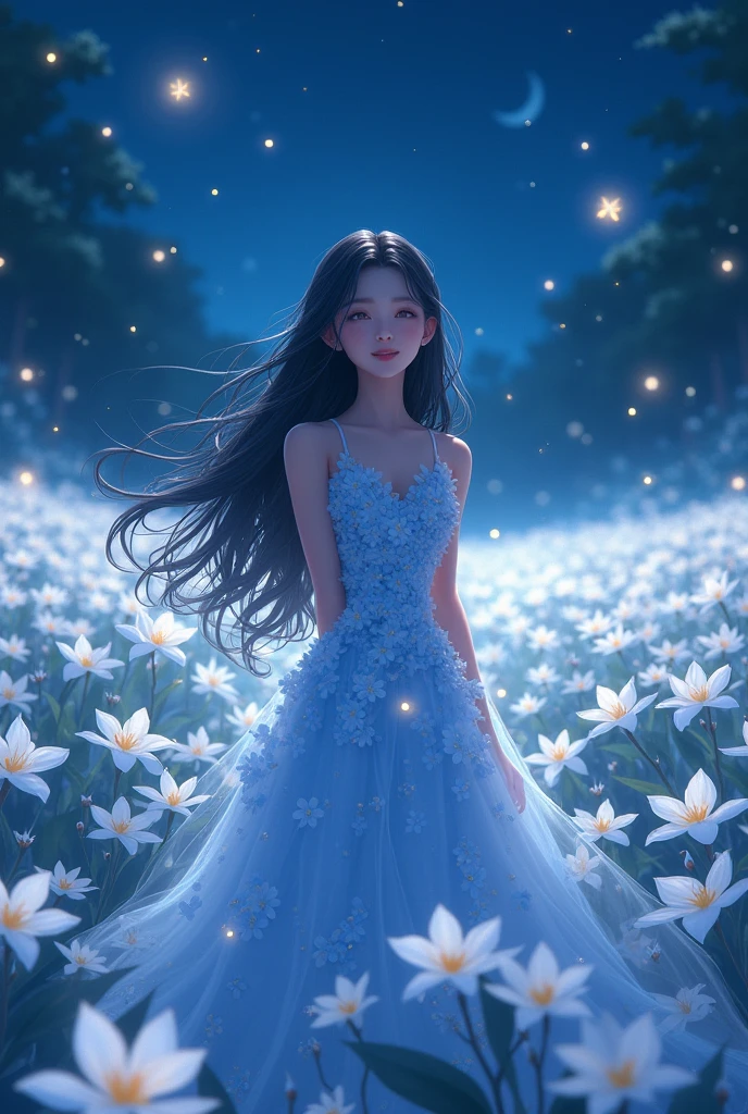 woman standing looking back in the middle of white plumeria field during the night, fireflies, beautiful anime, long black wavy hair, here blue dress made out of flowers, looking up, light smile, close eyes