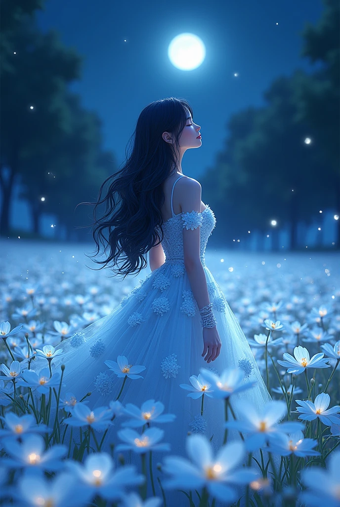 woman standing looking back in the middle of white plumeria field during the night, fireflies, beautiful anime, long black wavy hair, here blue dress made out of flowers, looking up, light smile, close eyes