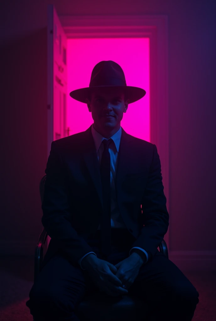 A dark room with a single man wearing a suit and a wide-brimmed hat, sitting in a chair. The man is looking straight ahead with a subtle, unsettling smile on his face. A strong, almost neon pink light, tinged with purple, shines from behind him, casting long shadows. His face is heavily shadowed, making his features barely visible, adding to the eerie atmosphere. The overall aesthetic should evoke the feeling of an analog horror, with unnerving and unsettling elements. The image should have deep shadowing and layered effects to enhance the ominous and mysterious mood.