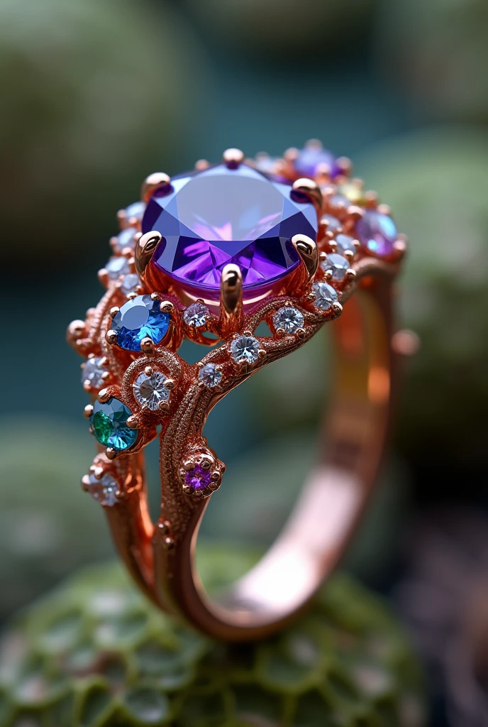 To create a picture of the engagement ring:
Band: Imagine a rose gold band with a slightly twisted, vine-like design. It should have a delicate, organic yet elegant feel, as if it were crafted from nature’s whimsy.
Center Gemstone: The central stone is a deep violet sapphire or a mesmerizing sapphire. It should have a rich, vibrant color that catches and reflects light in a captivating way.
Accent Stones: Surrounding the central gemstone are small, colorful gems like diamonds, emeralds, or pastel sapphires. They should be arranged in a playful, scattered pattern around the main stone.
Overall Style: The ring should look like a piece of fantasy, combining elegance with an element of playful magic. The colors and design should evoke a sense of wonder, fitting for Willy Wonka’s unique style.