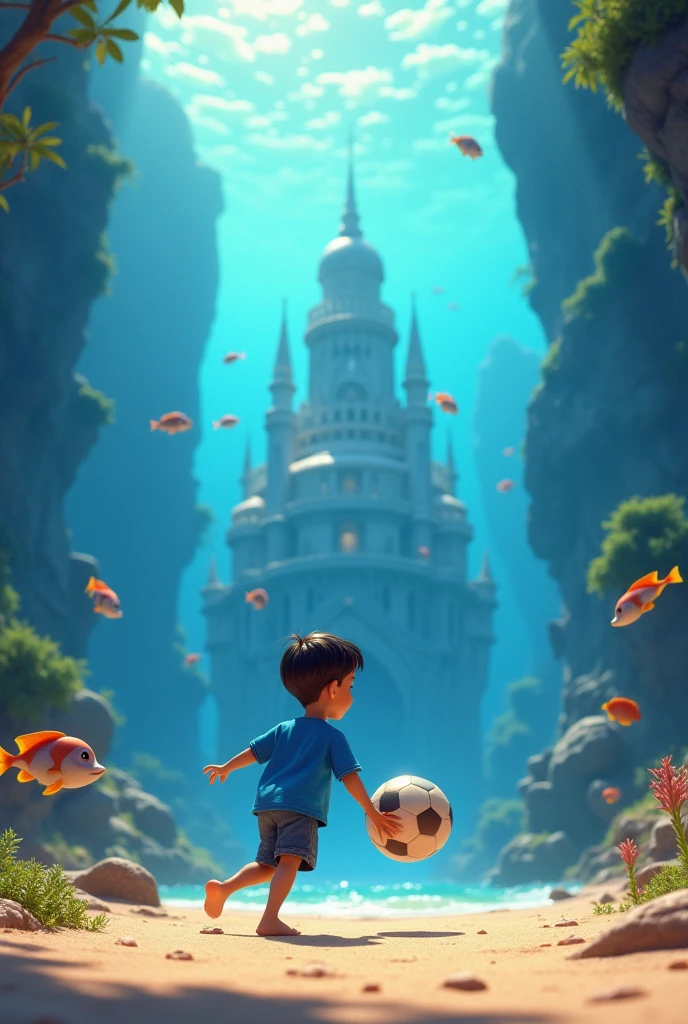 3d animation Disney inspired a boy play football in ocean beach wearing blue t-shirt found a secret world on the deep ocean where beautiful city located and fish were around