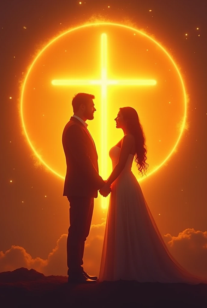 Couples with wedding ring symbols , with christ jesus , both being a vibrant light in the world as disciples of the living god and still a cross and all within an orange circle