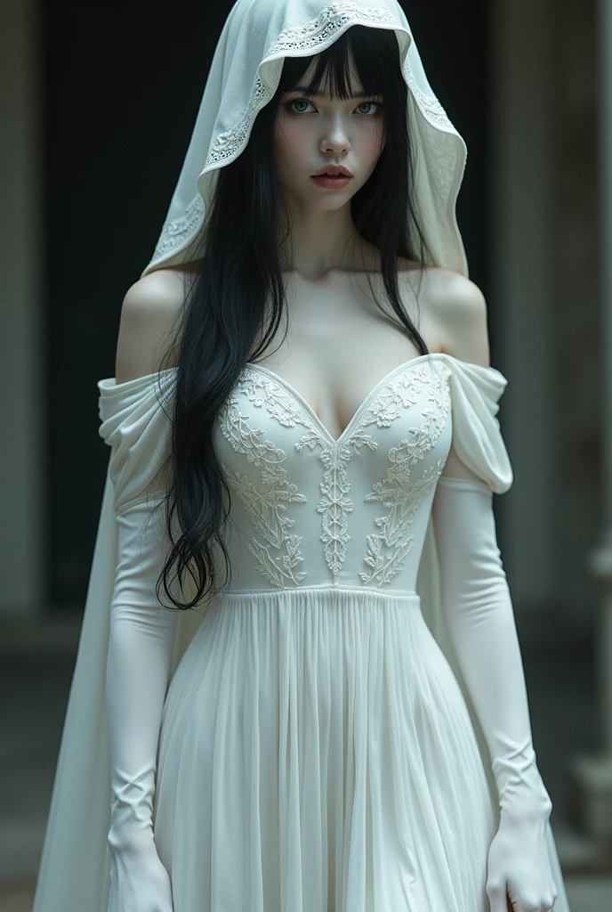 A white-skinned witch with black hair ,
grey-eyed, Her hair is covered by a hood, small strands of hair showing, Her fleshy lips, white wedding dress embroidered with oak leaves dress composed of white fabric plates greek style legs, the long sleeves of the dress are cut out of white fabric panels showing a good part of the body
