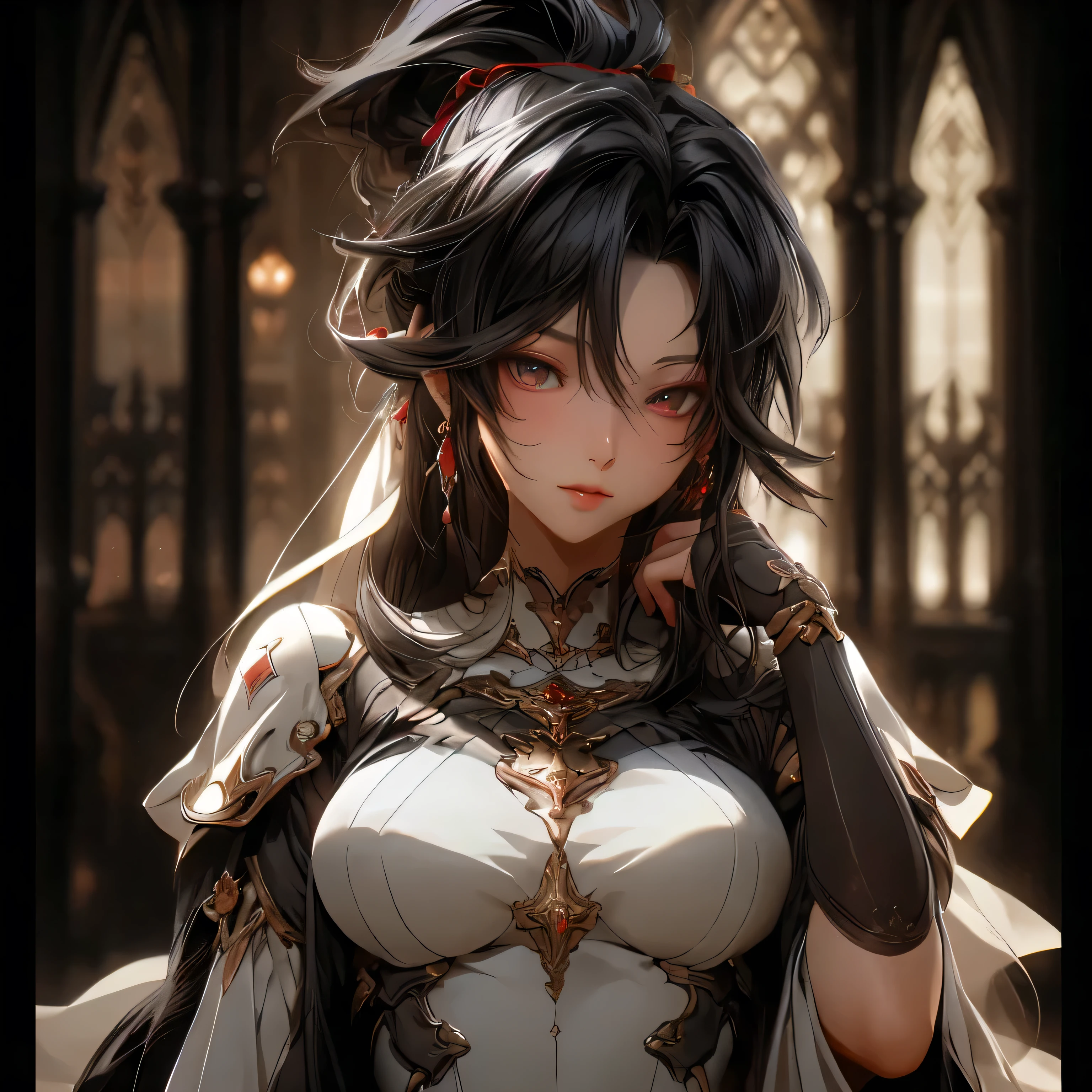 (best quality)), ((Masterpiece)), (details:1.4), 3d, HDR (high dynamic range), an image of a beautiful cyberpunk female, Black hair, High ponytail, Golden eyes, จมูกโด่ง, ปากแดง, หน้าอกใหญ่, nvidia RTX, PBR surface, After processing, Anisotropic filtration,depth of field, Maximum clarity and clarity, multi-layered surface, Subsurface scattering, perfect proportions, 8K raw files, ultra detailed, Perfect proportions, volumetric lighting, soft lighting, Holy Paladin, Heavy Red Armor, glossy skin, castle background, jewely, ต่างหู, นิ้วมือสมบูรณ์,