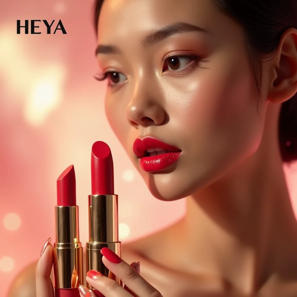 A glamorous and stylish advertisement for a lipstick brand called Heya, featuring a close-up shot of a model with flawless skin, wearing bold, glossy lipstick in a vibrant red shade. The model has a confident and alluring expression, with soft lighting highlighting her lips. The background is a luxurious, blurred soft pink and gold theme that complements the lipstick color. Elegant Heya logo and brand name in the top corner with a sleek, modern font. Add a touch of sparkle and shine to the overall image for a luxurious, premium feel. Emphasize the lipstick tube with subtle reflections to make it look high-end, Focus on the lips and lipstick, Highlight the premium, high-end vibe, Use luxurious and glamorous color schemes (red, pink, gold).