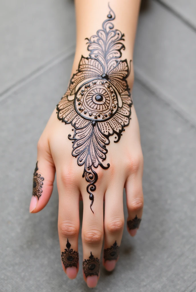 generate Gol Tikki mehndi design on beautiful hand