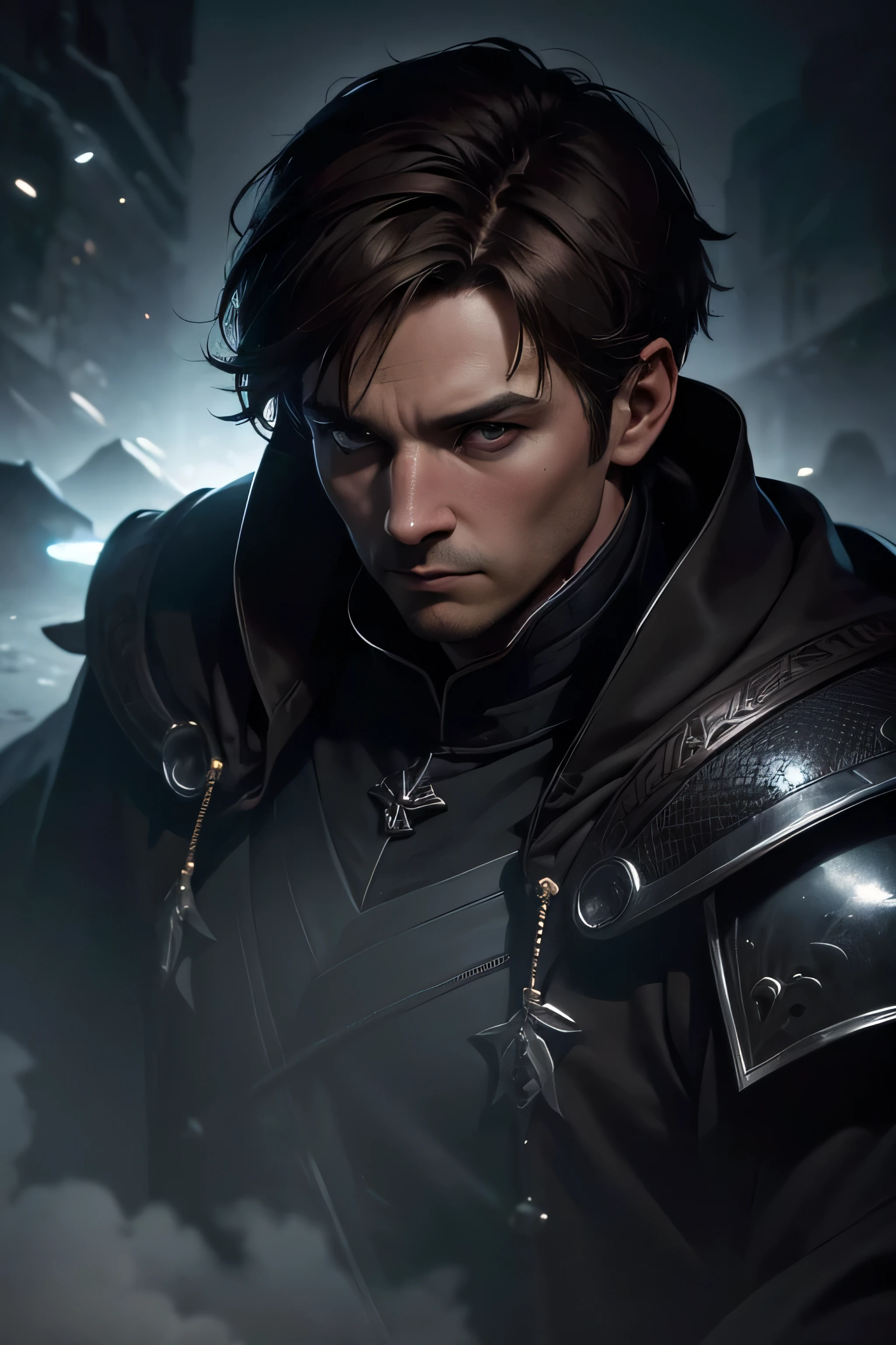 (extremely detailed 8k wallpaper), (dark theme), Dragon Age, 30 years old man, solo, (mage robes), short hair, light brown hair, white skin, human, (subsurface dispersion:1.1), plain medieval armor, centered face, award-winning photography, dramatic lighting, (military camp at night)