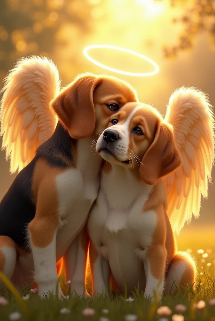 Beagle Harrier hugging a Golden Retriever with angel wings and halo only the Golden as an angel