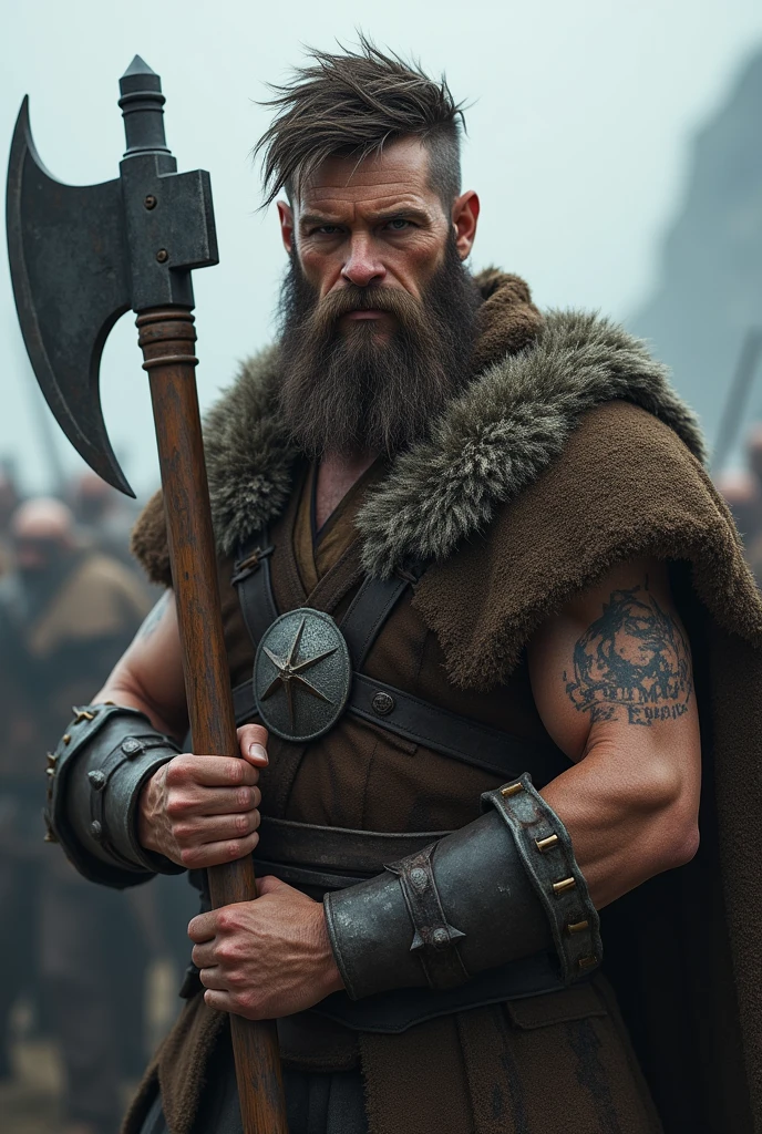 (photorealism:1.2), man with a very short brown beard, aged 33, dull brown eyes sunken in, messy dirty medium hair, viking inspired, wielding great axe, tattoos across forearms, pale tight skin, thin build, no armor