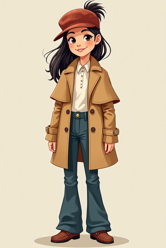 A preppy ??? costume for girls aged 6 year that includes boot cut flared pants with a cape coat reaching waist.