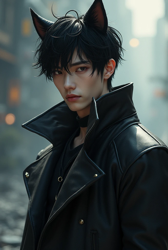 Handsome male protagonist with black cat ears,high detailed long jacket, Conceptual Art, masterpiece, Super Detail, Attention to detail, high quality, 最high quality, High resolution
