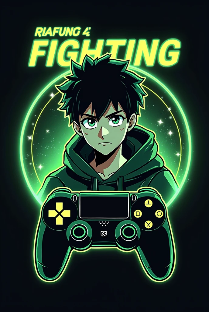 This is a gaming logo that features the name "@fightingfier946" in a futuristic font and a neon Golden green. and Boy Anime avtar, The logo also has a stylized controller icon. The logo is designed to be attractive and eye-catching, and to appeal to gaming enthusiasts and