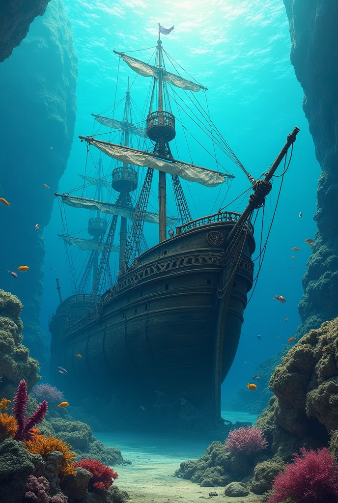 old spanish galleon ship sunken at the bottom of the sea with reefs and corals and fish