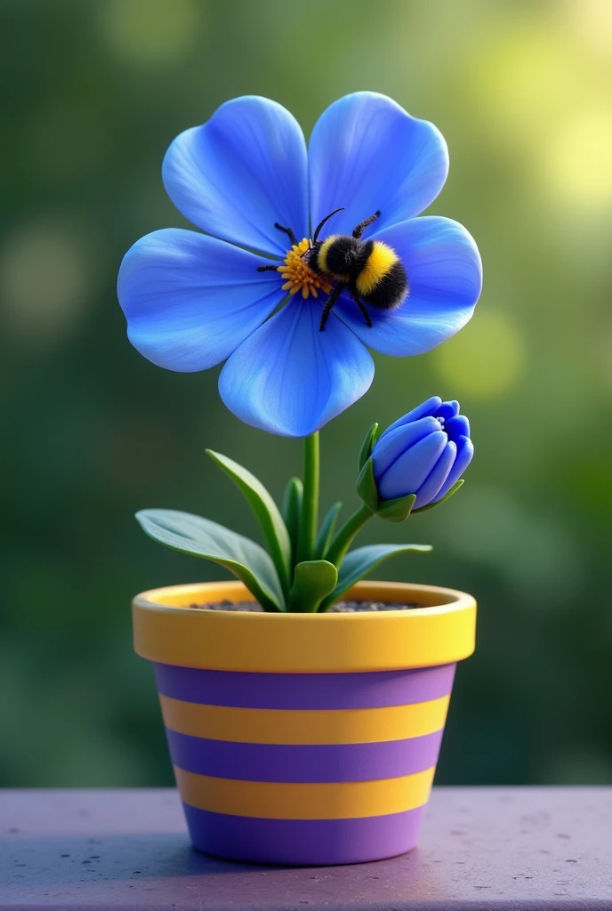 A magnificent blue flower with a green still in a purple yellow striped pot as a gift where the flower is in with a fat hairy bumblebee on the bud on it