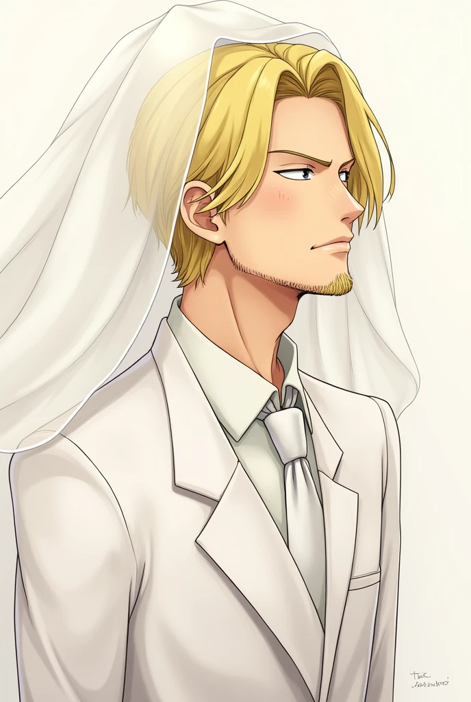 Create a One Piece character in Sanji fanart, a man with blue eyes, "blonde hair on the right side", his face with a beard and a little mustache, with swirly eyebrows, Elegant white wedding suit and blushing with a curtain on her head, with eyes closed. Animation by Toei Animation.