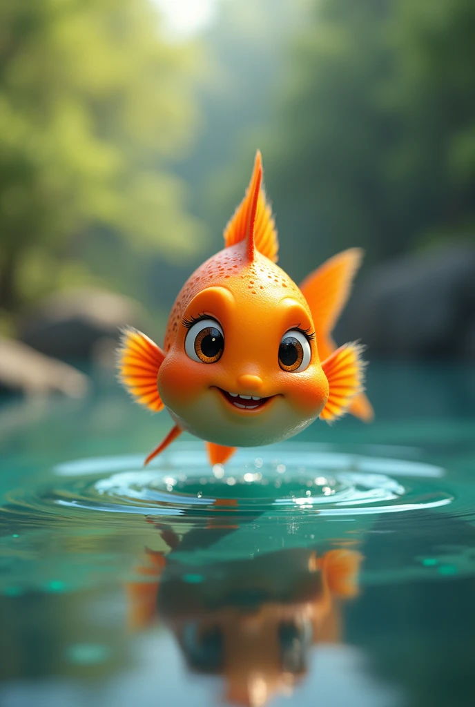 The fish smiled and disappeared into the water." Visuals: The fish gives a soft smile, then dives into the pond, causing ripples as it vanishes.