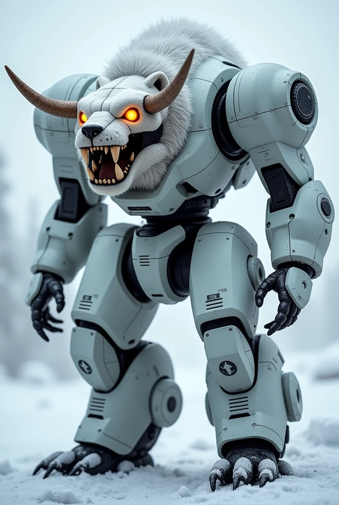 Military Robot with Polar bear head with two
long horn . Scary teeth with fire eyes