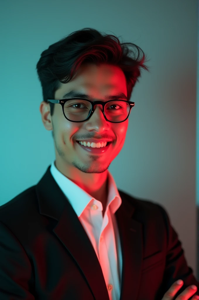 The young man with dark hair and confident smile He is dress a black blazer Over the white shirt an glass on eyes A main is positioned aqua color backdrop with a subtle red lighting of the rate site and posing for linkedin profile