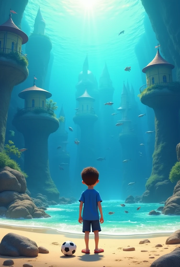 3d animation Disney inspired a boy play football in ocean beach wearing blue t-shirt found a secret world under the deep ocean where beautiful city located and fish were around