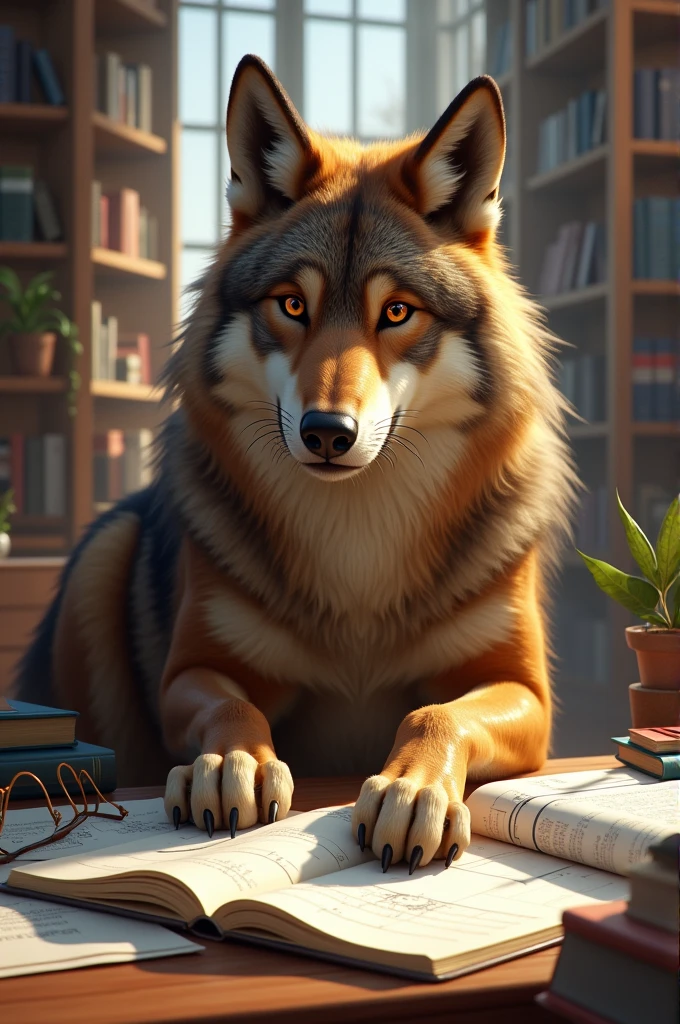 Brown wolf who is a university student and studies engineering