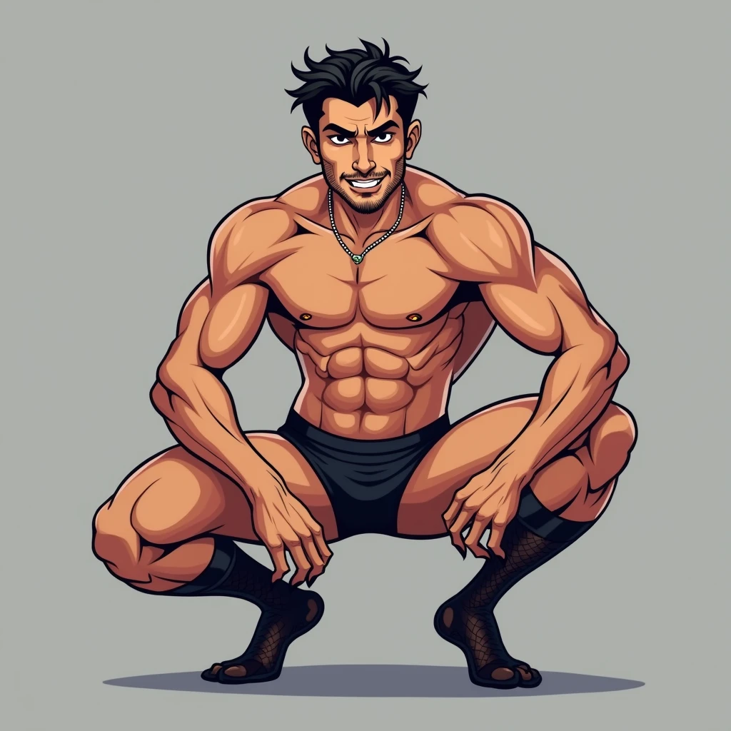 cartoon art, a 30 year old iranian attractive fit male vampire, wearing black underwear and black transparent sheer socks, squatting down