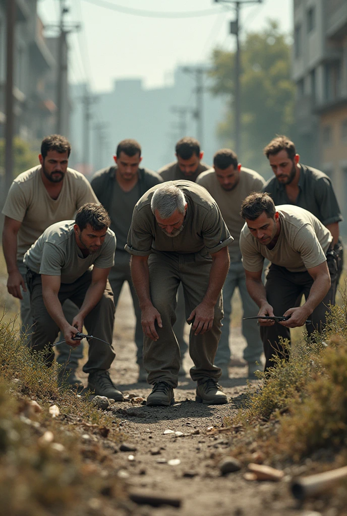 A realistic image of a group of people searching a vacant lot 