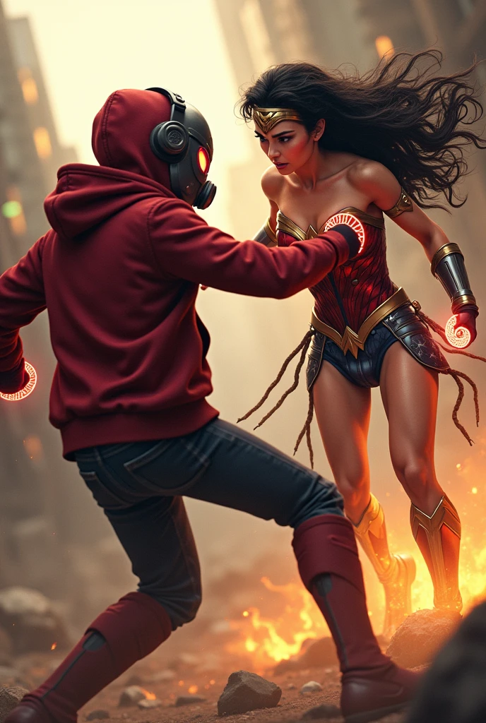 Young Kid with red hoodie, headphones, star-lord helmet, gas helmet, covered mouth, round red eyes, Red eyes, magic rings in the hands and rocket boots, Vs, wonder woman, big breasts, Fighting, power, fiction, full body, hight, fire in boots, poweful spells, realistic, 2 person, fly