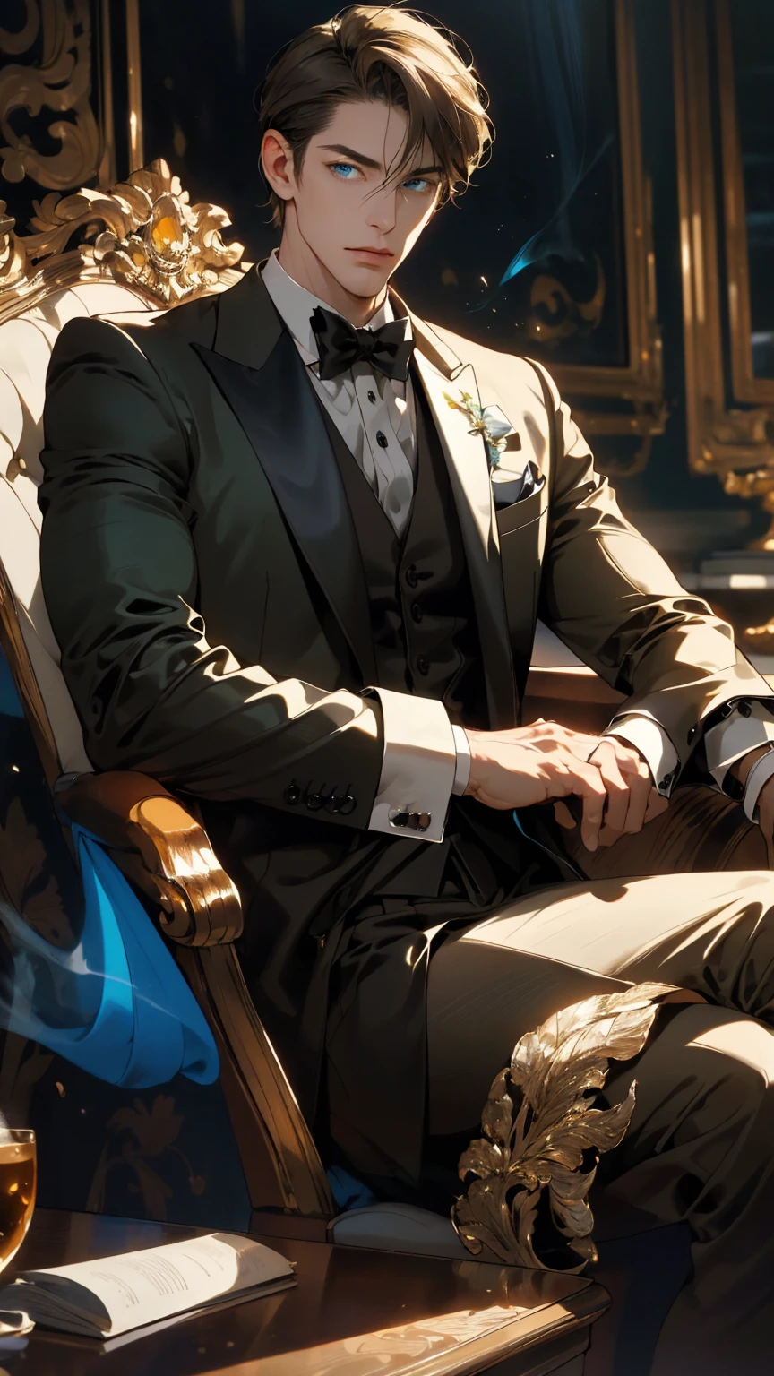 {(best quality, 8k, masterpiece, HDR, soft lighting, perfect image, digital illustration, manhwa art, hyper detailed image, perfect lines, realistic)} 1 very handsome man, short straight grey-brown hair with slicked back bangs, seductive green-blue eyes, clothes luxurious, black and gold tuxedo, smoking cigar (imposing sitting posture, cold expression), {(1800s mansion night background)}