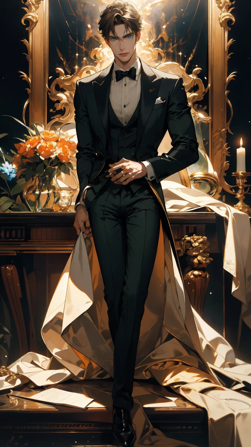 {(best quality, 8k, masterpiece, HDR, soft lighting, perfect image, digital illustration, manhwa art, hyper detailed image, perfect lines, realistic)} 1 very handsome man, short straight grey-brown hair with slicked back bangs, seductive green-blue eyes, clothes luxurious, black and gold tuxedo,  smoking cigar (imposing sitting posture, cold expression), {(1800s mansion night background)}