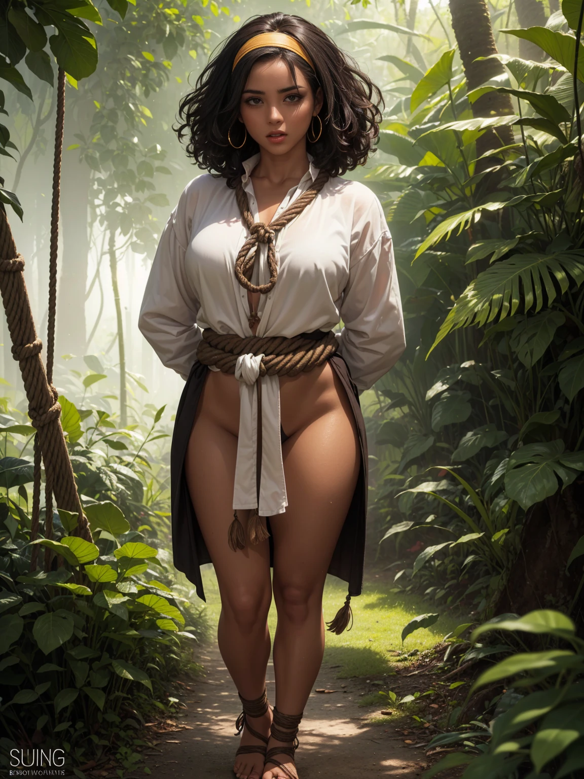 Beautiful, amazon native woman, (((brown skin tone))), black medium hair, hairband, Afro American, dewy complexion, long eyelashes,soft-petalled lips,(beautiful detailed lips:1.1),(medium breasts:0.9),youthful appearance, black locks cascading down, seductive sexy pose,(jungle background:1.1),soft sunlight, pastel color palette,(best quality:1.2),(highres:1.1),(realistic:1.37),(physically-based rendering:1.1),(vivid colors:1.1),(soft lighting:1.1), full body, (((visible feet))), native clothes, (((loincloth))), (((primitive native worn brown blouse))), feather adorns, primitive leather native clothes, captured, sweaty, blushed, (((tied hands with ropes))), (((arms behind back))), (((panic face))), (((frightened))), (((struggling))), (((full body)))