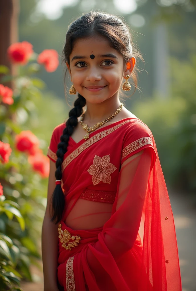 A  poor Indian girl, in a red designer transparent saree, beauty full face,light skin color,shy smile,looking at viewer,jhumka in ears,poney tail hair style,day light,glowing skin,black bindi in her forhead,flower garden background,full body,8k,ultra detailed