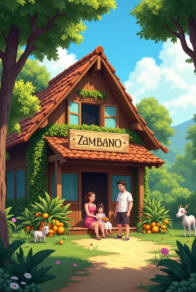 Realistic image of a beautiful big house in a paradise near the beach and with trees of all kinds of fruits and food with many animals of all kinds playing and living together in peace.. And outside the house sitting on chairs, a young father, a young mother and a daughter about 1 . and the house with a sign saying welcome to the new world Zambrano family.