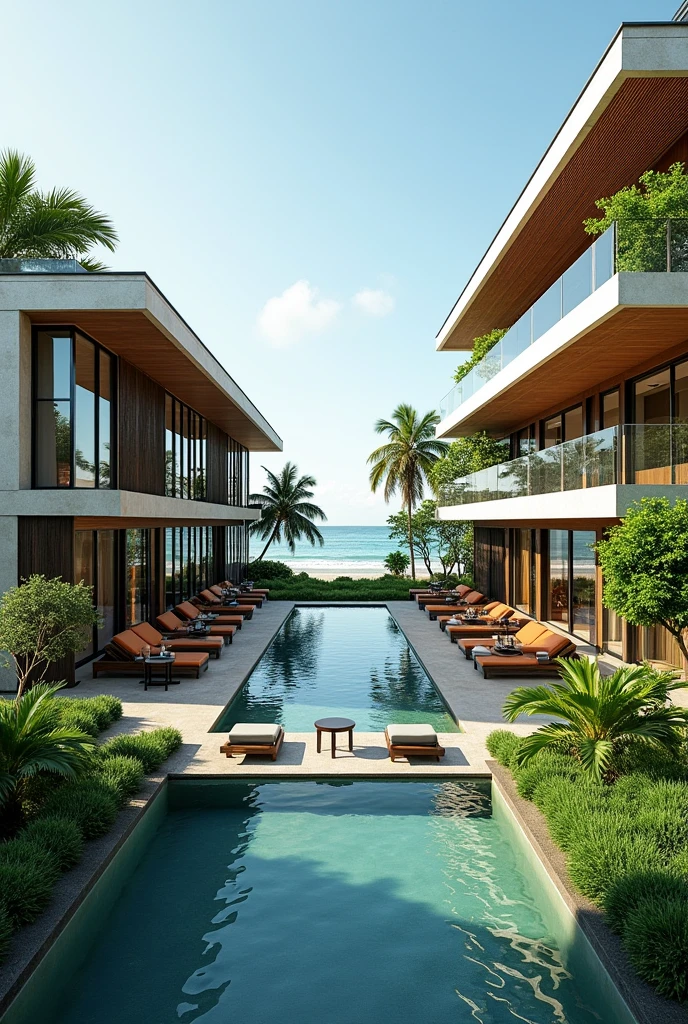make an 2 building environment-friendly hotel, make it typhoon-proof, facing the beach, with a nature vibe, have a modern aesthetic design, surrounded by yard and plants, with a function hall in the side, with a small kiosk for a mini bar and handcrafted souvenir, with pool. it should give justice to our concept semi-eco-friendly hotel. the room consist of balcony with a table intended for in-room dining experience to appreciate the nature around.