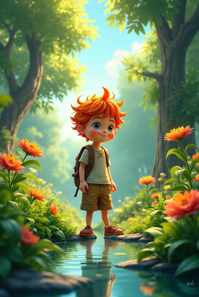 An orange-haired boy, high , in a garden