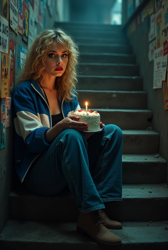 Photography style image of a woman with curly blonde hair and blue eyes wearing a blue and white jacket with long jeans, red lipstick on her lips, dark makeup around her eyes such as eyeliner and eyeliner, sitting on a staircase leaning against the wall to the left of the image, which appears to be the entrance to a bar full of posters on the walls., she is sitting holding on her lap a small birthday cake with only 1 candle she is looking at the cake she looks sad and lonely, the image is realistic style photography art photography.