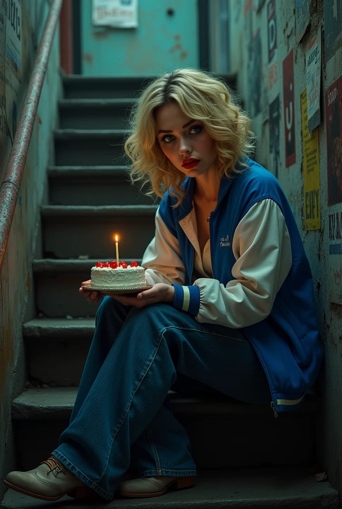 Photography style image of a woman with curly blonde hair and blue eyes wearing a blue and white jacket with long jeans, red lipstick on her lips, dark makeup around her eyes such as eyeliner and eyeliner, sitting on a staircase leaning against the wall to the left of the image, which appears to be the entrance to a bar full of posters on the walls., she is sitting holding on her lap a small birthday cake with only 1 candle she is looking at the cake she looks sad and lonely, the image is realistic style photography art photography.